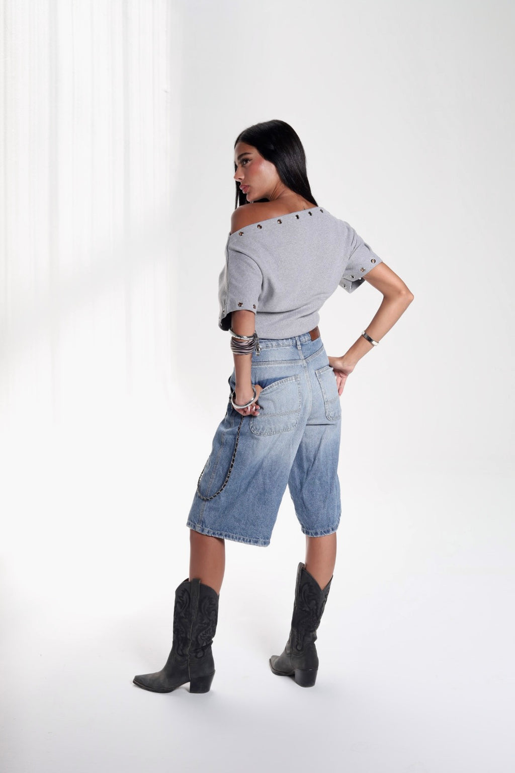 Grey Metal Stud Off Shoulder Top