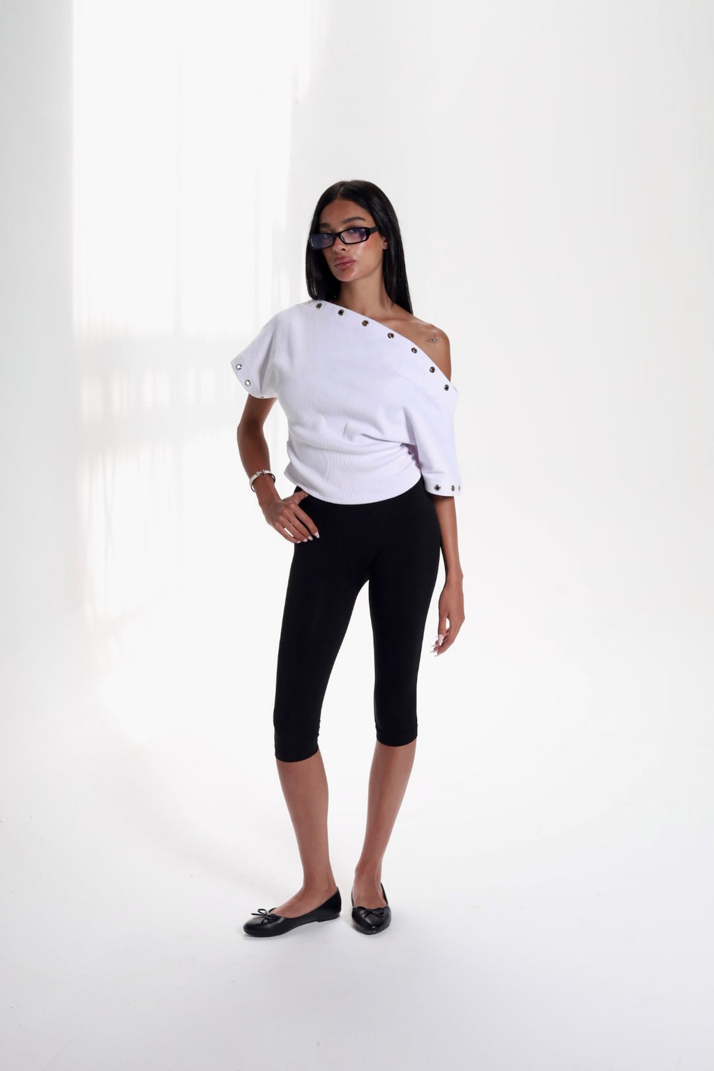 White Metal Stud Off Shoulder Top