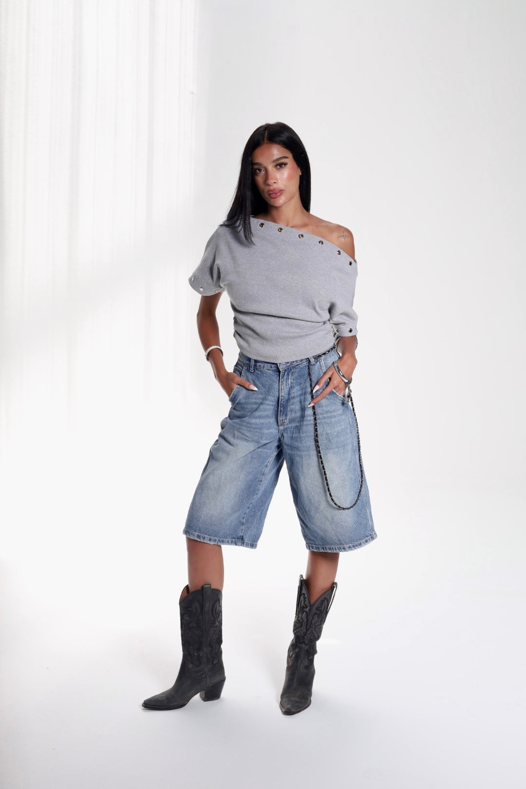 Grey Metal Stud Off Shoulder Top