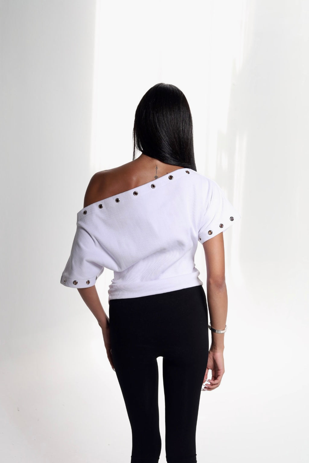 White Metal Stud Off Shoulder Top