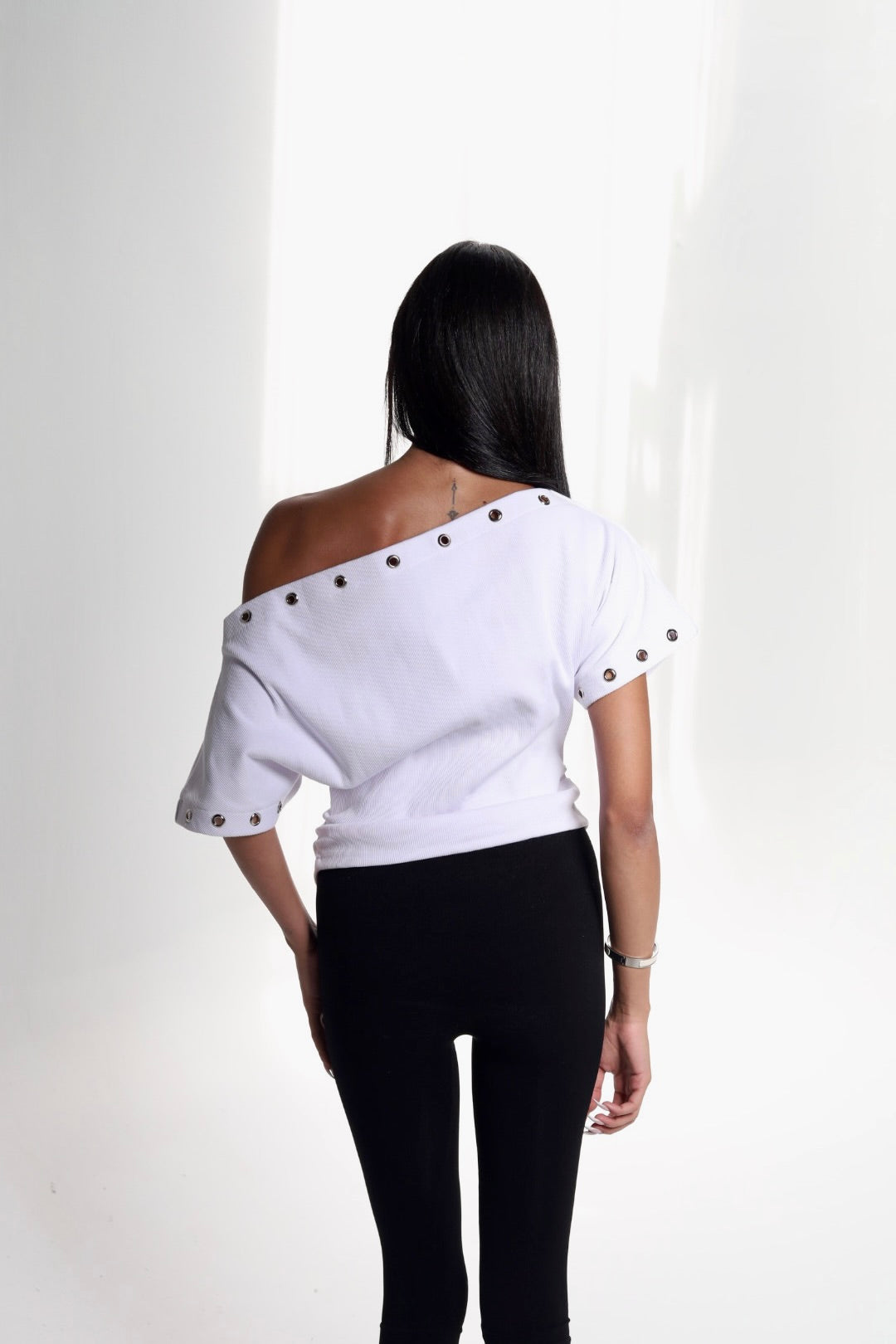 White Metal Stud Off Shoulder Top