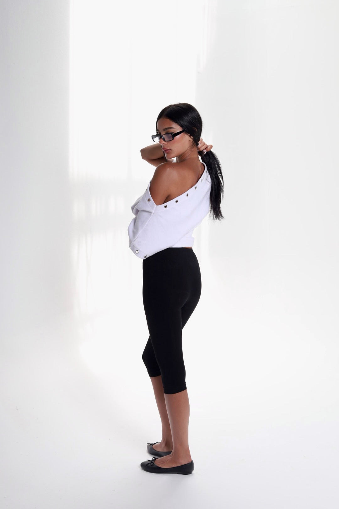 White Metal Stud Off Shoulder Top